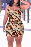 Khaki Graphic Camouflage Print Sleeveless Backless Bodycon Casual Outing Plus Size Mini Slip Dresses