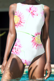 Apricot Floral Print Boat Neck Sleeveless Plus Size One Piece Swimwear Swimsuits