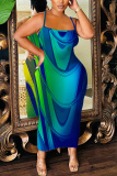 Blue Abstract Print Sleeveless Backless Bodycon Casual Party Vacation Plus Size Maxi Slip Dresses