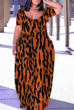 Wine Red Graphic Leopard Print U Neck Short Sleeve Loose Casual Vacation Plus Size Maxi Dresses