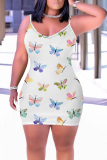 Multicolor Plant Butterfly Print Sleeveless Backless Bodycon Casual Outing Plus Size Mini Slip Dresses