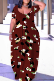 Wine Red Graphic Leopard Print U Neck Short Sleeve Loose Casual Vacation Plus Size Maxi Dresses