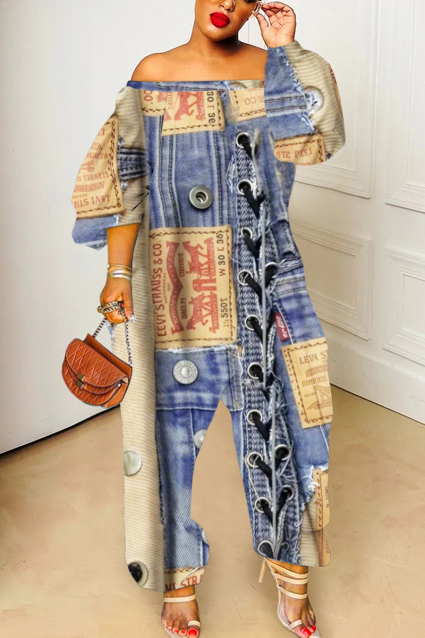 Dark Blue Faux Denim Print Off Shoulder Long Lantern Sleeve Loose Plus Size Overall Jumpsuits