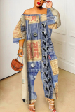 Dark Blue Faux Denim Print Off Shoulder Long Lantern Sleeve Loose Plus Size Overall Jumpsuits