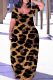 Wine Red Graphic Leopard Print U Neck Short Sleeve Loose Casual Vacation Plus Size Maxi Dresses
