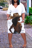 White Orange Casual Girls Print V Neck Short Sleeve with Pocket Loose Plus Size Midi T-shirt Dress