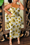 Orange Floral Print Sleeveless Backless Bodycon Casual Party Vacation Plus Size Maxi Slip Dresses