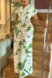 Light Blue Plant Floral Print V Neck Short Sleeve Belted Casual Vacation Plus Size Wide Leg Jumpsuits