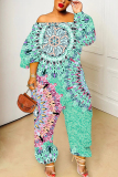 Grey Graphic Floral Print Off Shoulder Long Lantern Sleeve Loose Plus Size Overall Jumpsuits