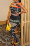 Orange Casual Graphic Print O Neck Short Sleeve T-shirt And Skinny Pants Bodycon Two Piece Trouser Sets