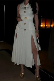 White Turndown Collar Sleeveless Pocket Buttons High Slit Fitted Party Club Wear Maxi Dresses