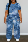 Dark Blue Faux Denim Print O Neck Short Sleeve T-shirt and Wide Leg Pants Casual Outing Two Piece Trouser Sets
