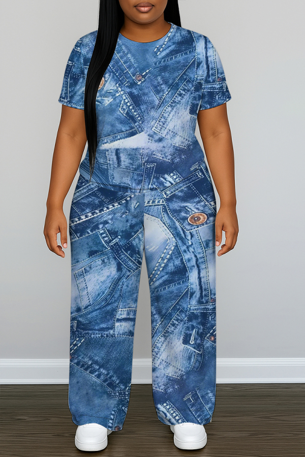Dark Blue Faux Denim Print O Neck Short Sleeve T-shirt and Wide Leg Pants Casual Outing Two Piece Trouser Sets