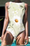 Apricot Floral Print Boat Neck Sleeveless Plus Size One Piece Swimwear Swimsuits
