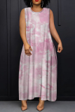 Pink Floral Print O Neck Sleeveless Loose Straight Casual Outing Maxi Dresses