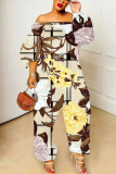 Green Graphic Floral Print Off Shoulder Long Lantern Sleeve Loose Plus Size Overall Jumpsuits