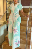 Light Blue Plant Floral Print V Neck Short Sleeve Belted Casual Vacation Plus Size Wide Leg Jumpsuits