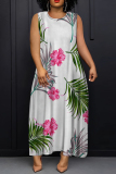 Pink Floral Print O Neck Sleeveless Loose Straight Casual Outing Maxi Dresses