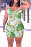 Dark Green Floral Leaf Print Sleeveless Backless Bodycon Casual Outing Plus Size Mini Slip Dresses