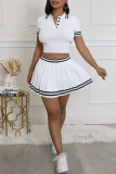 Brown Stripe Print Turndown Collar Short Sleeve Crop Tops And Pleated Mini Skirt Buttons Casual Sportwear Two Pieces Dress Sets