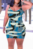 Khaki Graphic Camouflage Print Sleeveless Backless Bodycon Casual Outing Plus Size Mini Slip Dresses