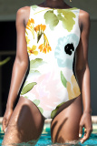 Apricot Floral Print Boat Neck Sleeveless Plus Size One Piece Swimwear Swimsuits