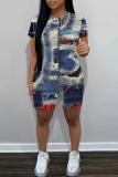 Dark Blue Faux Denim Print O Neck Short Sleeve T-shirt and Skinny Shorts Casual Outing Plus Size Two Piece Short Sets