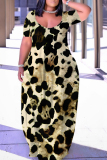Wine Red Graphic Leopard Print U Neck Short Sleeve Loose Casual Vacation Plus Size Maxi Dresses