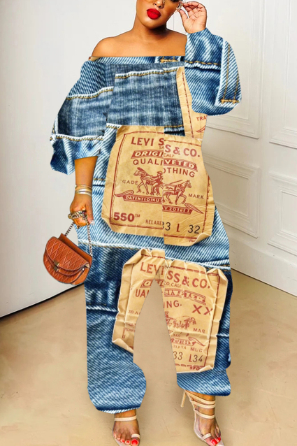 Dark Blue Faux Denim Print Off Shoulder Long Lantern Sleeve Loose Plus Size Overall Jumpsuits