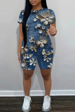 Dark Blue Faux Denim Print O Neck Short Sleeve T-shirt and Skinny Shorts Casual Outing Plus Size Two Piece Short Sets