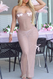 Pink Gauze Sleeveless Backless See-Through Bow Decor Bodycon Party Club Wear Evening Maxi Tube Dresses