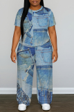 Dark Blue Faux Denim Print O Neck Short Sleeve T-shirt and Wide Leg Pants Casual Outing Two Piece Trouser Sets