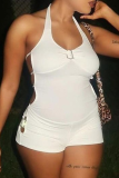 White Sleeveless Backless Cut Out Lace up Halter Skinny Rompers