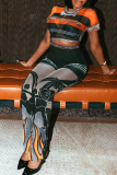 Orange Casual Graphic Print O Neck Short Sleeve T-shirt And Skinny Pants Bodycon Two Piece Trouser Sets