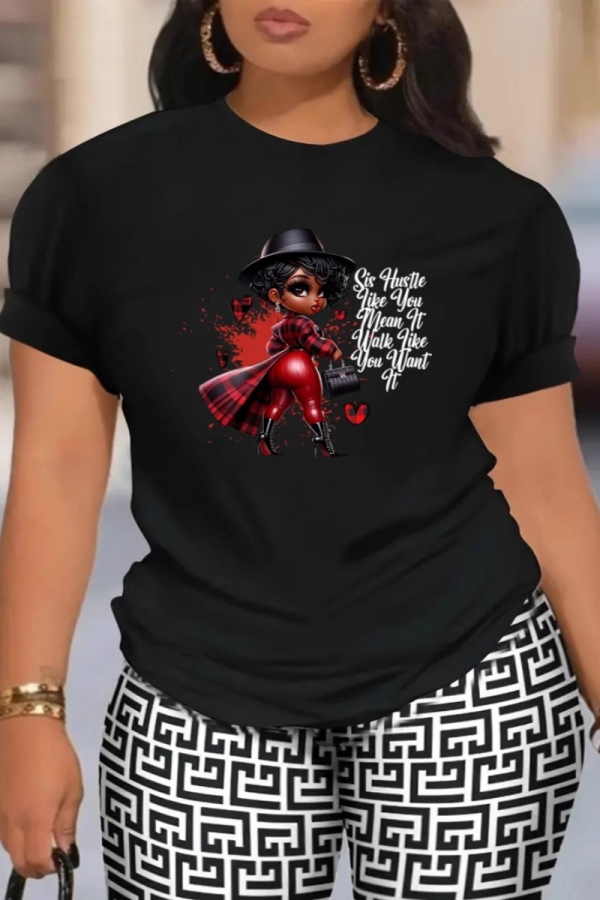 Black Casual Letter Girl Print O Neck Short Sleeve Plus Size T-shirt Tops