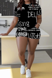 Black White Letter Print O Neck Short Sleeve T-shirt and Skinny Shorts Casual Outing Plus Size Two Piece Short Sets