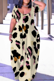Wine Red Graphic Leopard Print U Neck Short Sleeve Loose Casual Vacation Plus Size Maxi Dresses