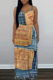 Light Blue Faux Denim Print Sleeveless Backless Fitted Casual Party Vacation Plus Size Maxi Slip Dresses