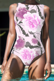 Apricot Floral Print Boat Neck Sleeveless Plus Size One Piece Swimwear Swimsuits
