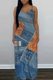 Light Blue Faux Denim Print Sleeveless Backless Fitted Casual Party Vacation Plus Size Maxi Slip Dresses