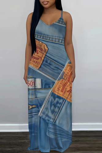 Light Blue Faux Denim Print Sleeveless Backless Fitted Casual Party Vacation Plus Size Maxi Slip Dresses