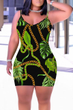 Dark Green Floral Leaf Print Sleeveless Backless Bodycon Casual Outing Plus Size Mini Slip Dresses