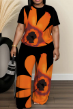 Black Floral Print O Neck Short Sleeve T-shirt and Wide Leg Pants Casual Outing Two Piece Trouser Sets