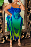 Blue Abstract Print Sleeveless Backless Bodycon Casual Party Vacation Plus Size Maxi Slip Dresses