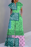 Light Blue Graphic Print V Neck Short Sleeve Waisted Casual Party Vacation Plus Size Wide Leg Jumpsuits