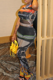 Orange Casual Graphic Print O Neck Short Sleeve T-shirt And Skinny Pants Bodycon Two Piece Trouser Sets