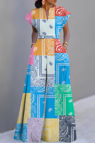 Light Blue Graphic Print V Neck Short Sleeve Waisted Casual Party Vacation Plus Size Wide Leg Jumpsuits