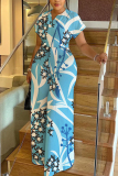 Light Blue Plant Floral Print V Neck Short Sleeve Belted Casual Vacation Plus Size Wide Leg Jumpsuits
