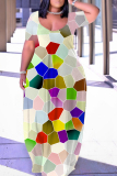 Cyanine Geometric Figure Print U Neck Short Sleeve Loose Casual Vacation Plus Size Maxi Dresses