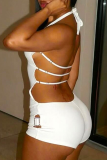 White Sleeveless Backless Cut Out Lace up Halter Skinny Rompers